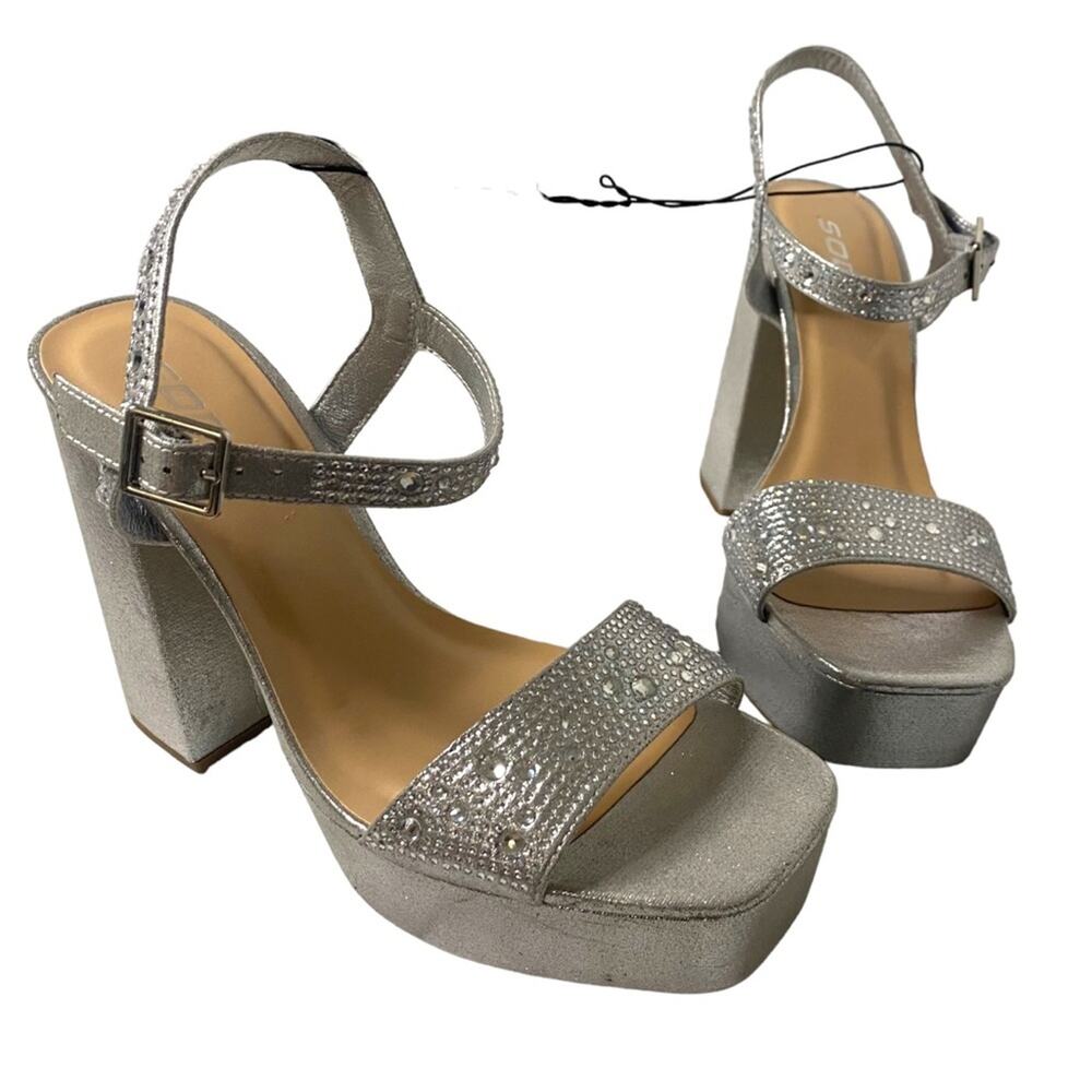 NOWT Soda 9.5 Platform Shoes Silver w/ Rhinestones Embellished Strap Chunky Heel